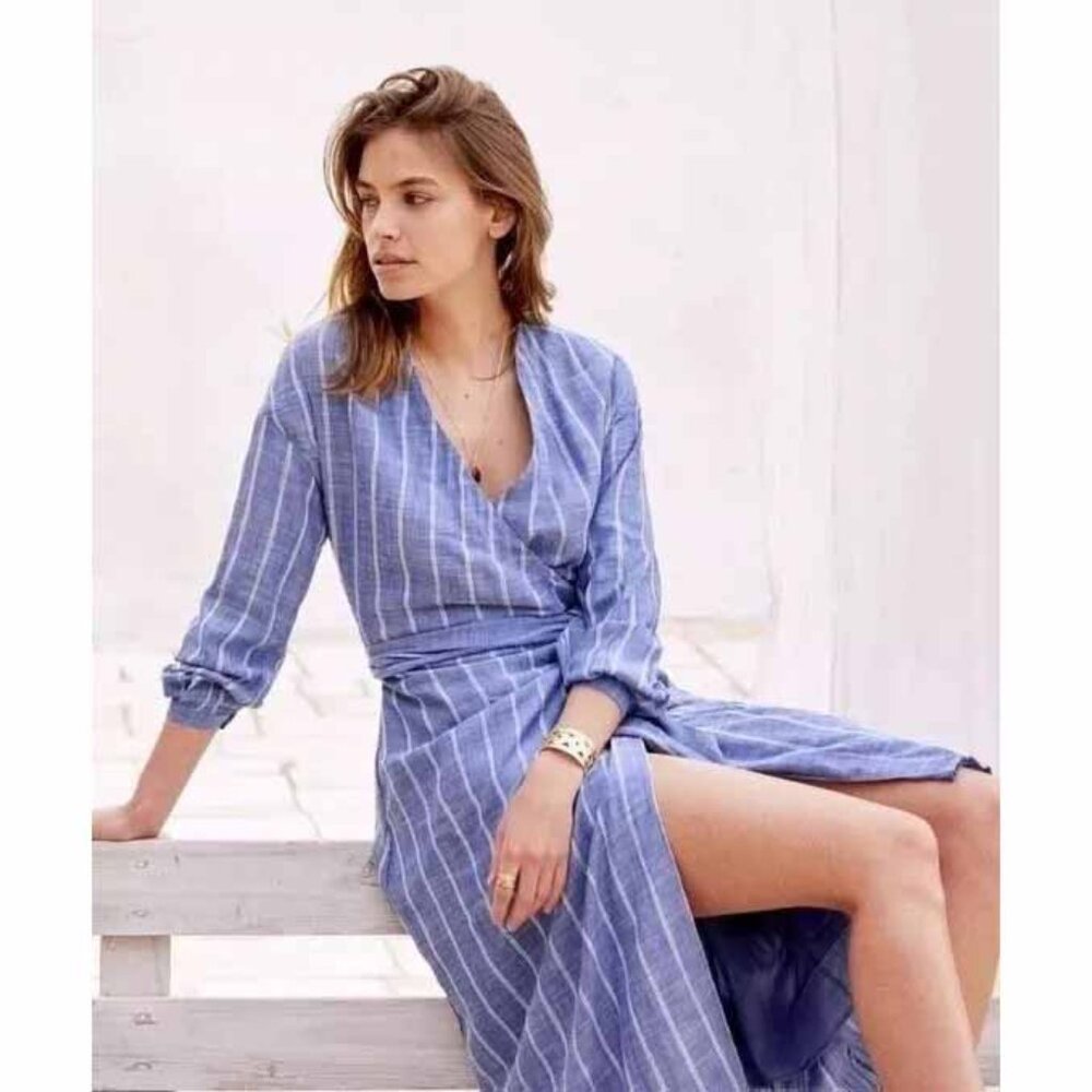 Sezane Robe Laurette Midi Dress Wrap Striped Embroidered Long Sleeve M-38 277758